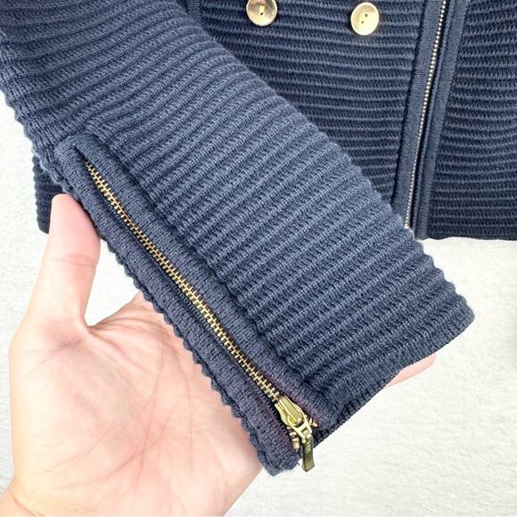REISS Ribbed Textured Asymmetric Zip Front Sweater Jacket Navy S Preppy Minimal - Picture 4 of 12